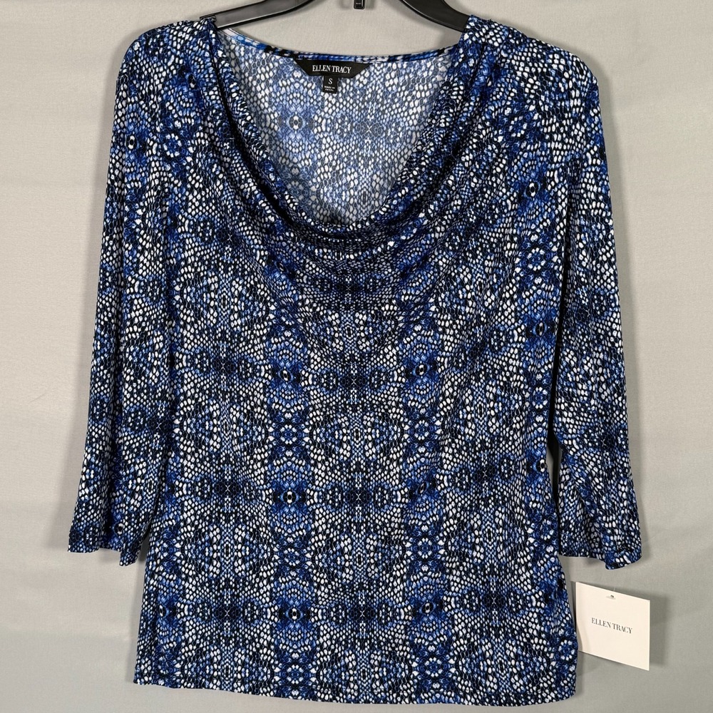NWT Women‎ Ellen Tracy 3/4 Sleeve Pullover Blouse Small Viper/E Navy Blue